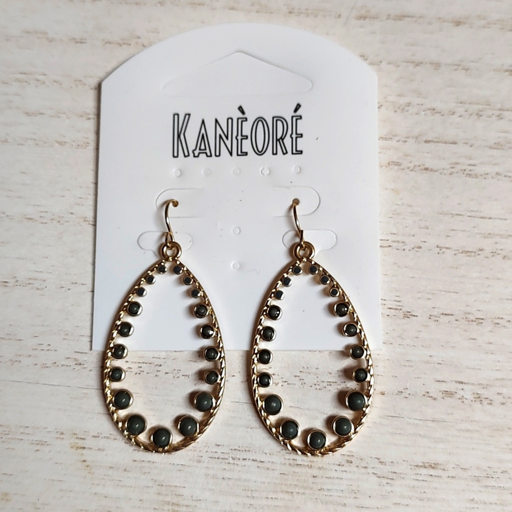 😻 3 For $15 Gold Tone Rope Look Hollow Waterdrop Dangles With Olive Lucite Gems